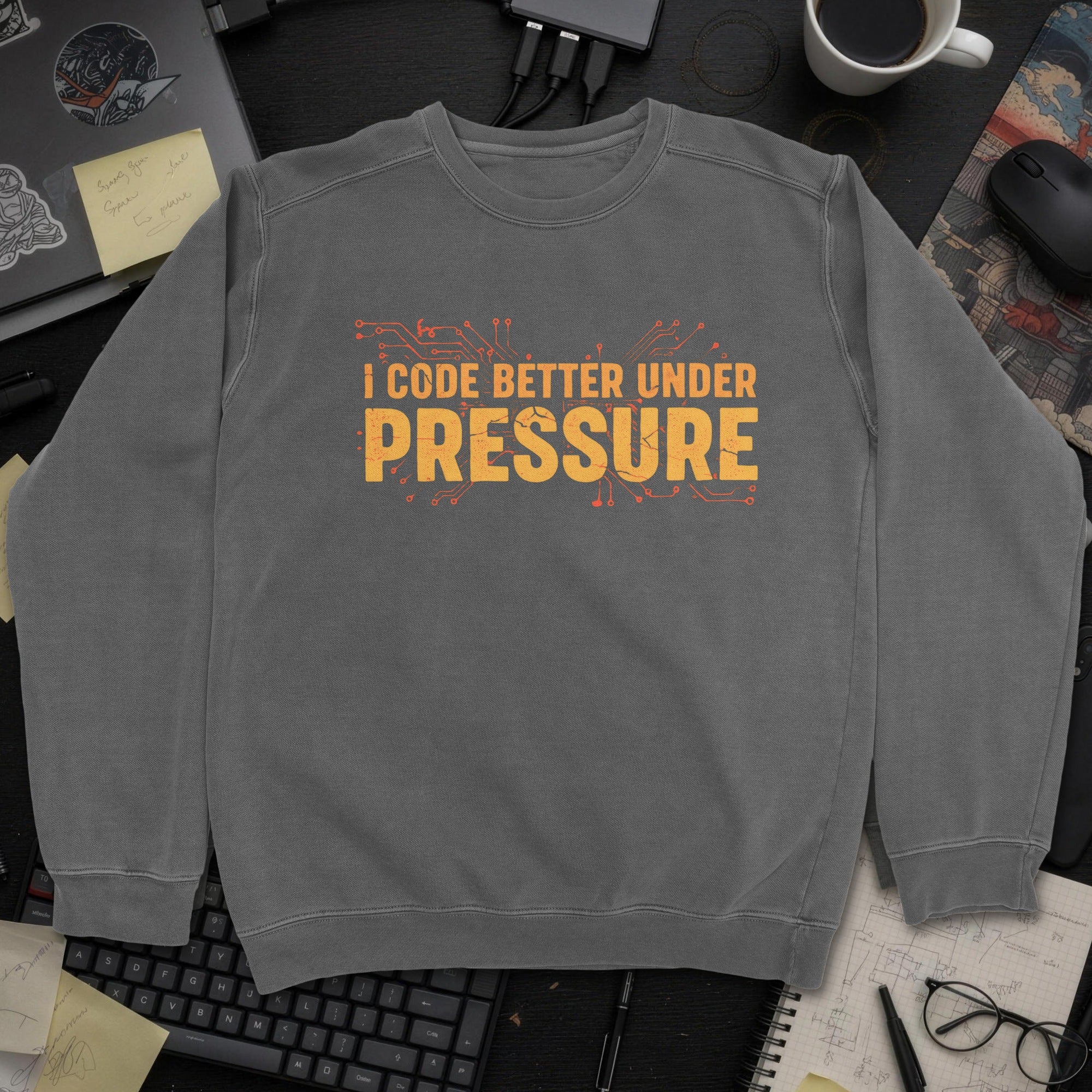 I Code Better Under Pressure Sweatshirt - Dark Heather mockup