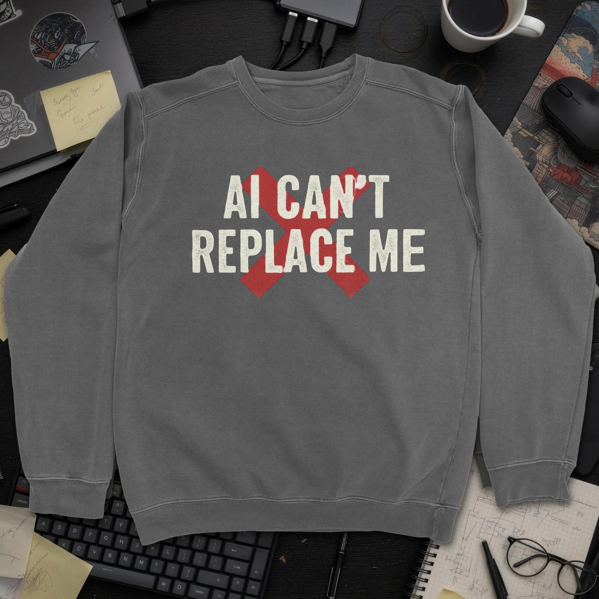 Ai Cant Replace Me Sweatshirt - Dark Heather mockup