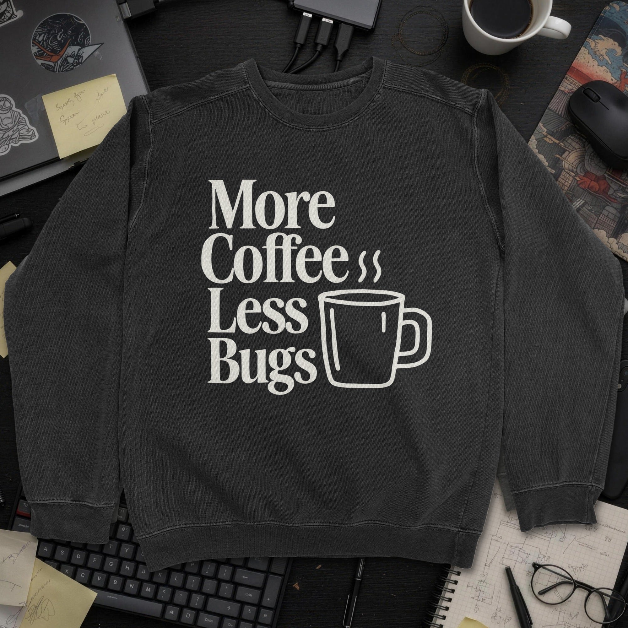 More Coffee Less Debugs Sweatshirt - Black mockup