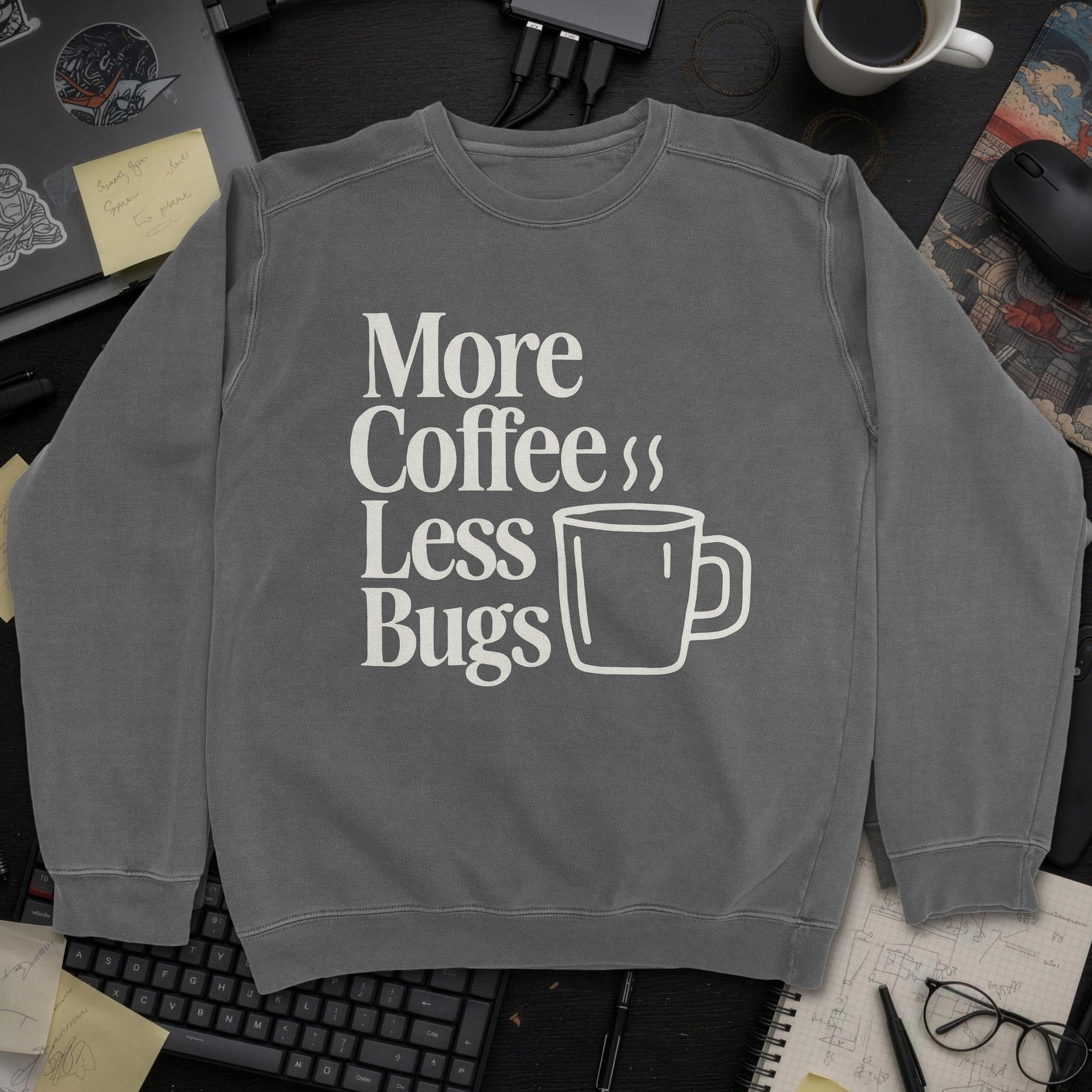 More Coffee Less Debugs Sweatshirt - Dark Heather mockup