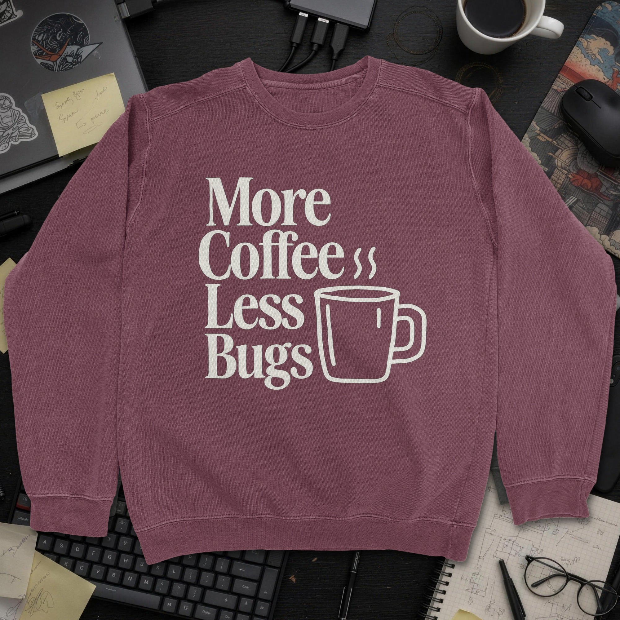 More Coffee Less Debugs Sweatshirt - Maroon mockup