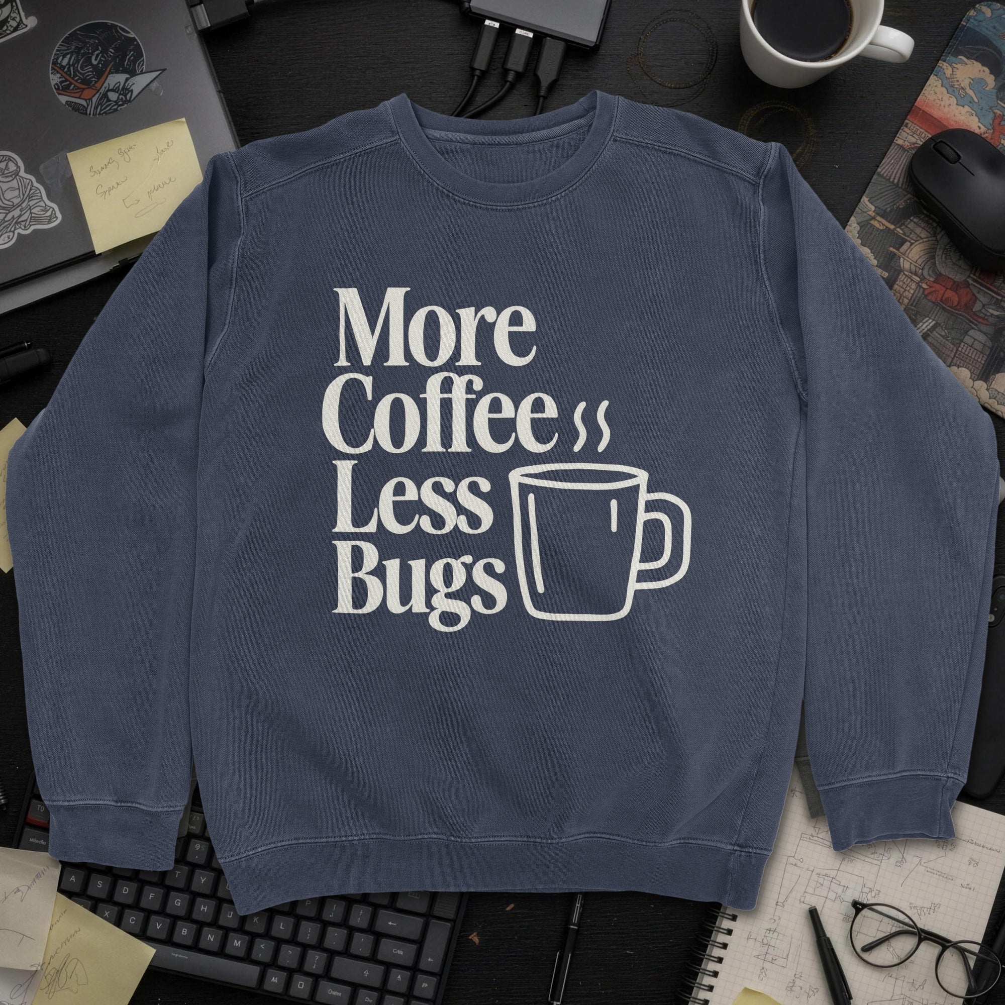 More Coffee Less Debugs Sweatshirt - Navy mockup