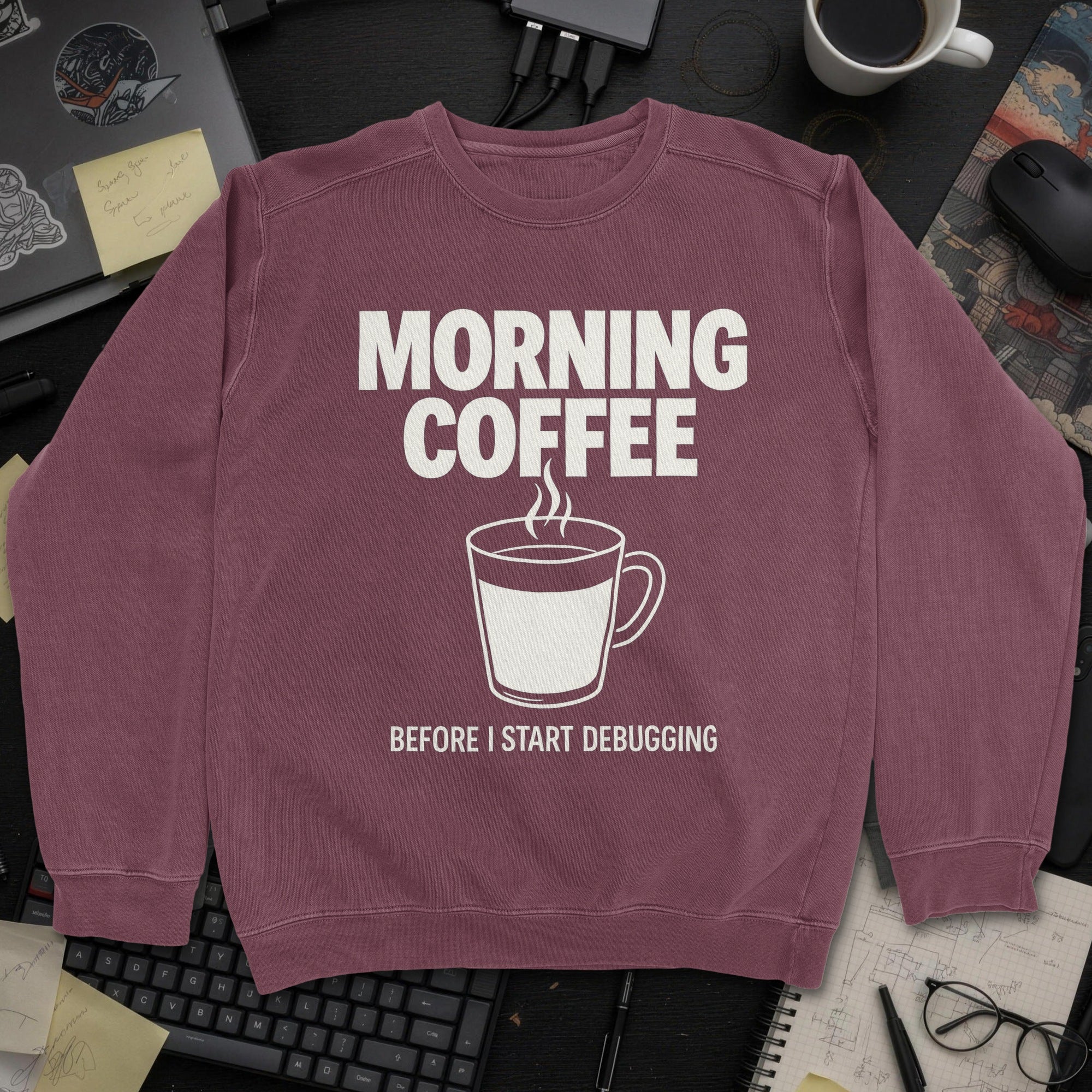 Morning Coffee Before I Start Debugging Sweatshirt - Maroon mockup