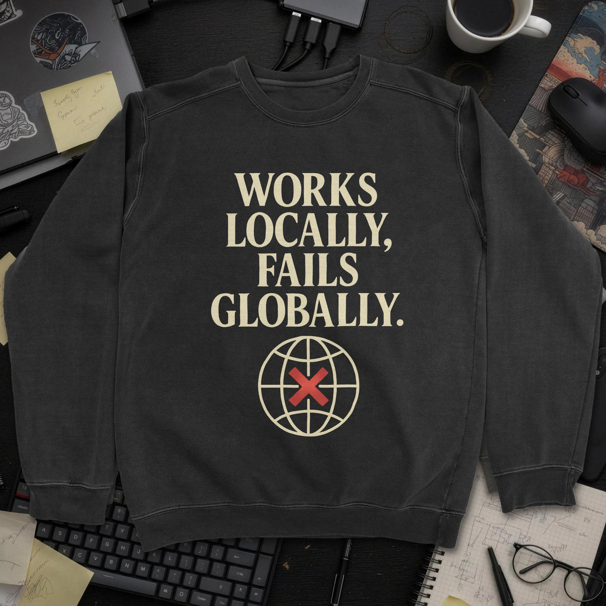 Works Locally Fails Globally Sweatshirt - Black mockup