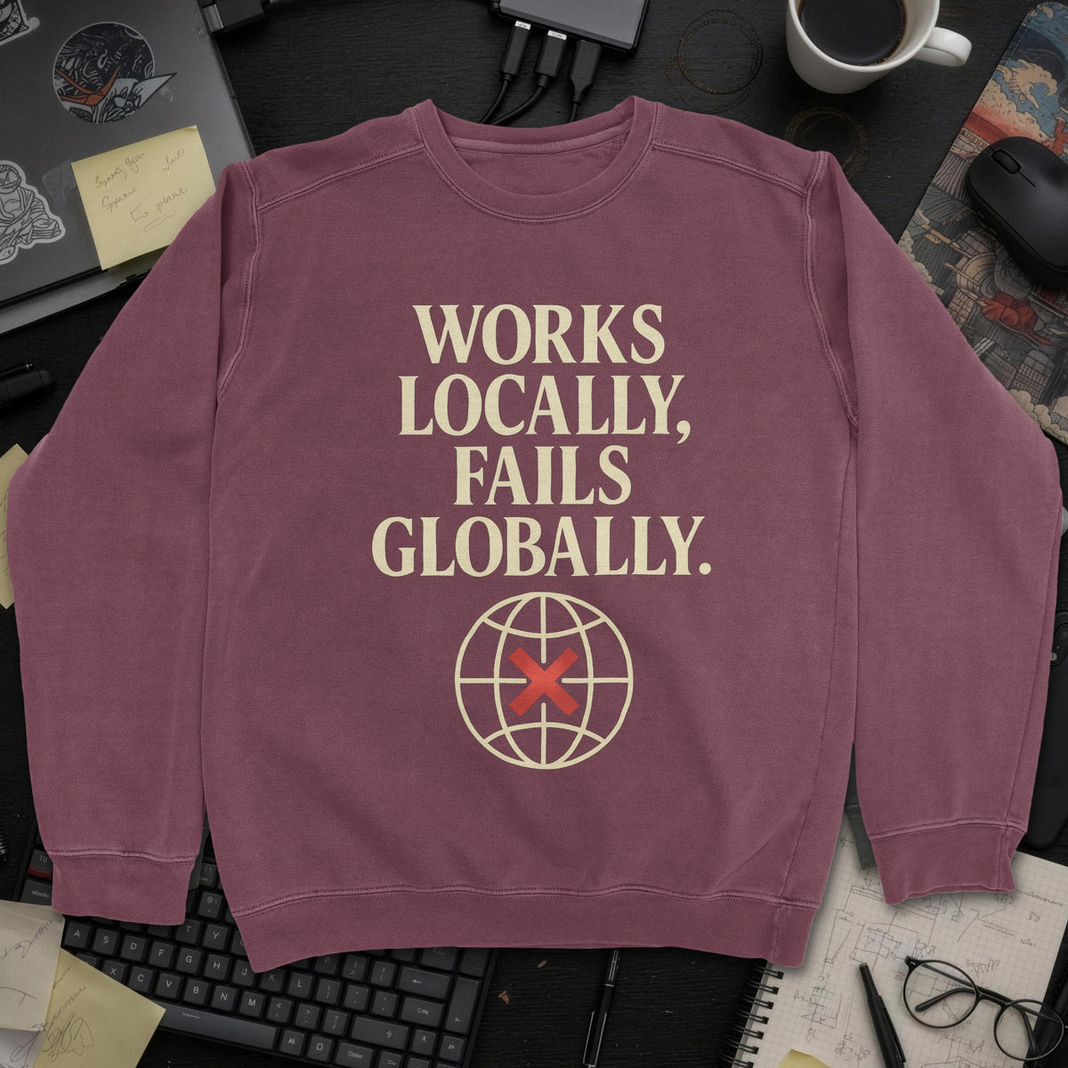 Works Locally Fails Globally Sweatshirt - Maroon mockup