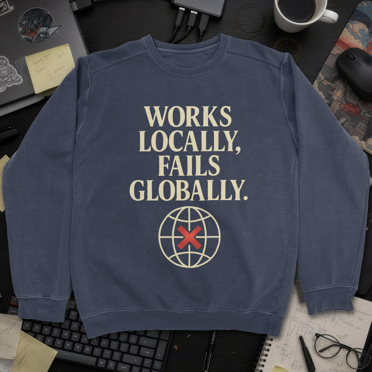 Works Locally Fails Globally Sweatshirt - Navy mockup