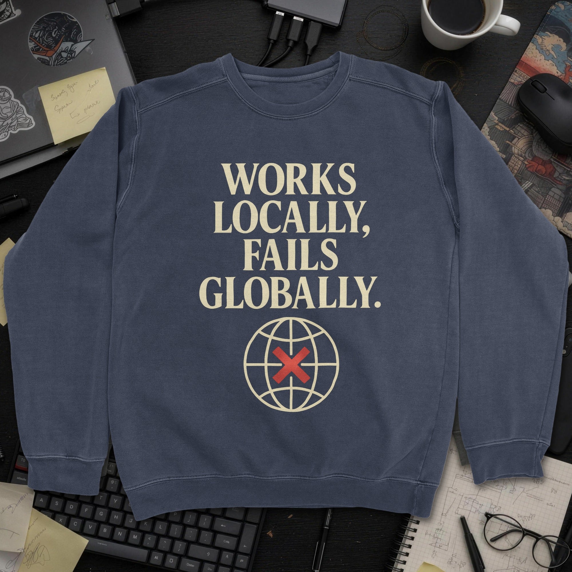 Works Locally Fails Globally Sweatshirt - Navy mockup