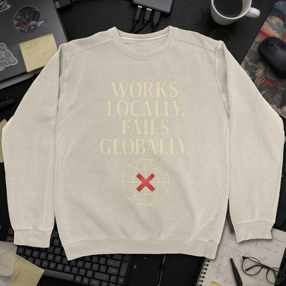 Works Locally Fails Globally Sweatshirt - Sand mockup