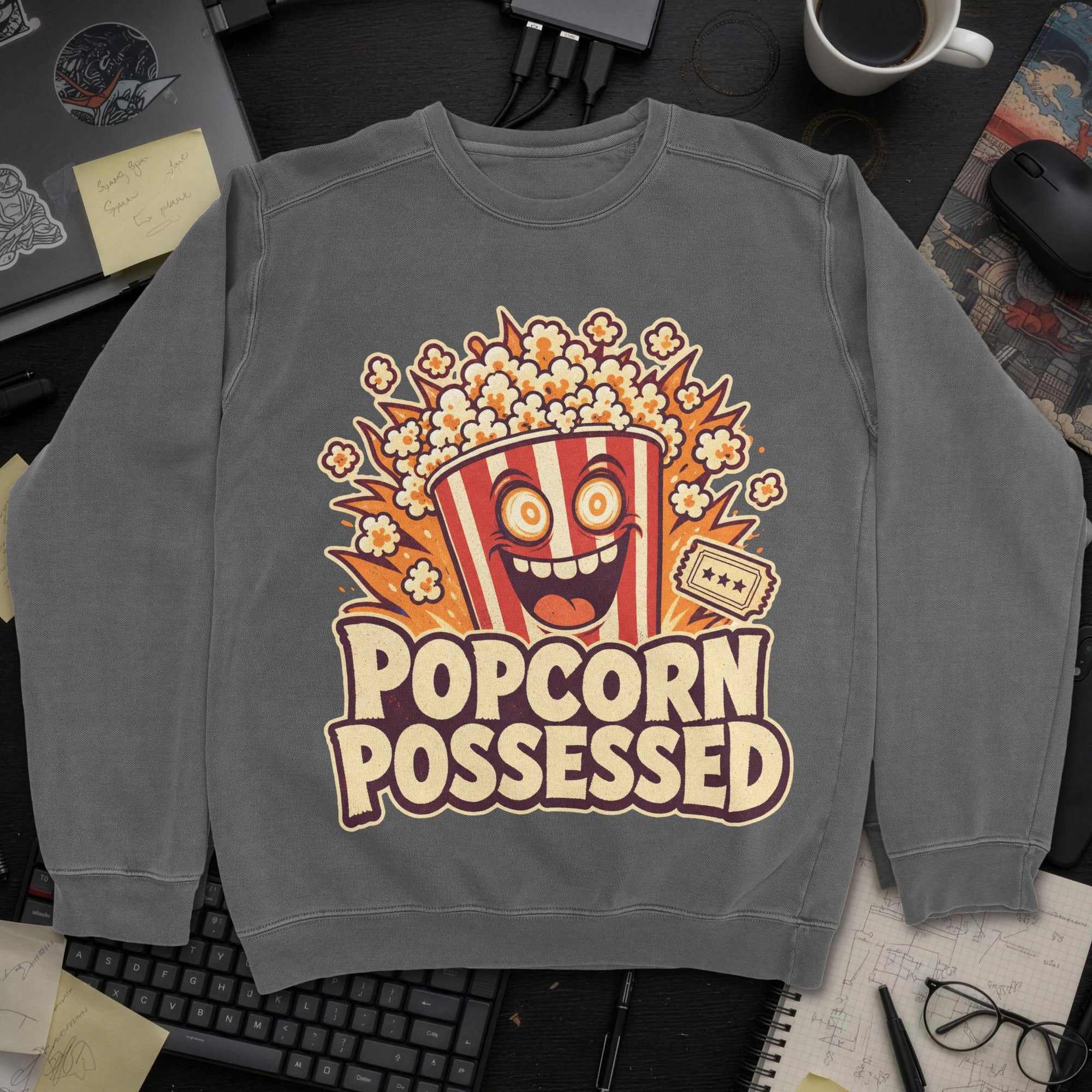 Popcorn Possessed Sweatshirt - Dark Heather mockup