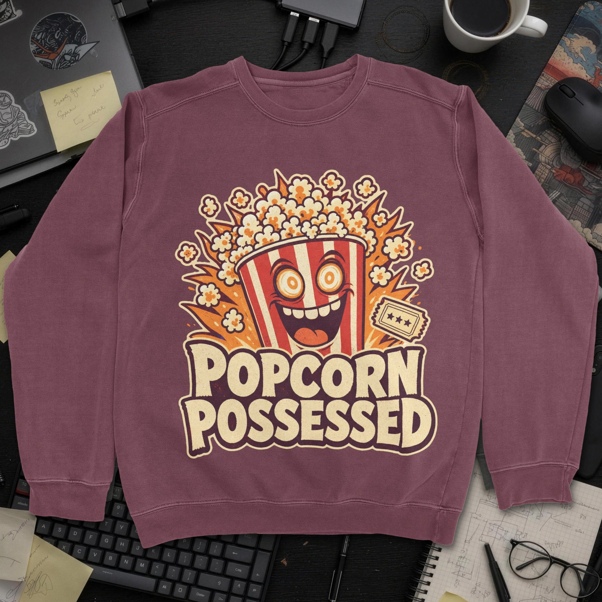 Popcorn Possessed Sweatshirt - Maroon mockup