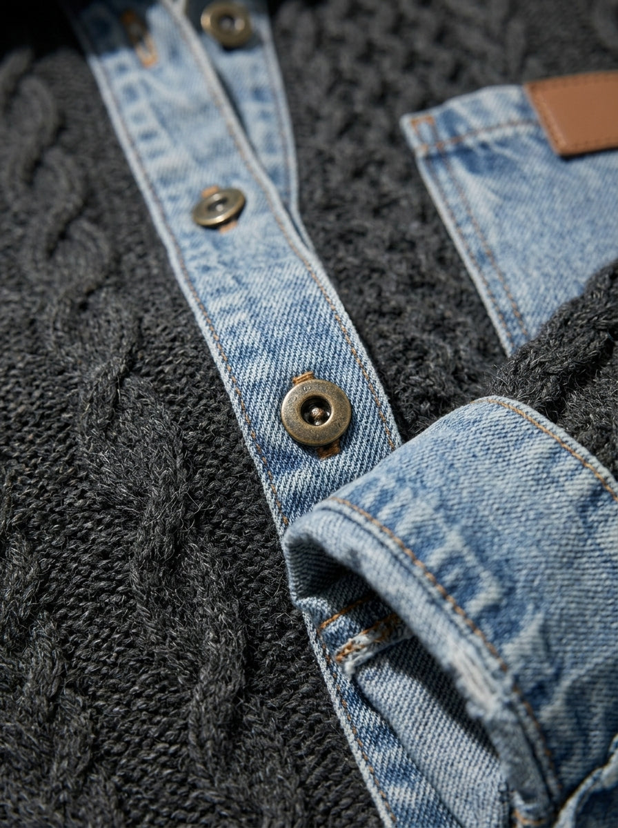 Women's Top Cable Knit Denim Patchwork