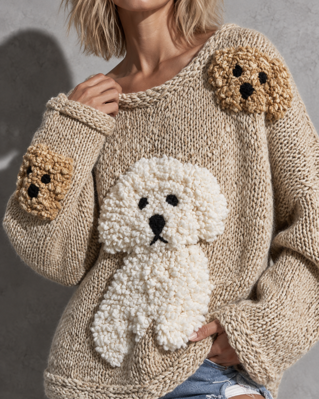 Women's Sweater Textured Knit Dog Motif Drop Shoulder