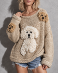 Women's Sweater Textured Knit Dog Motif Drop Shoulder