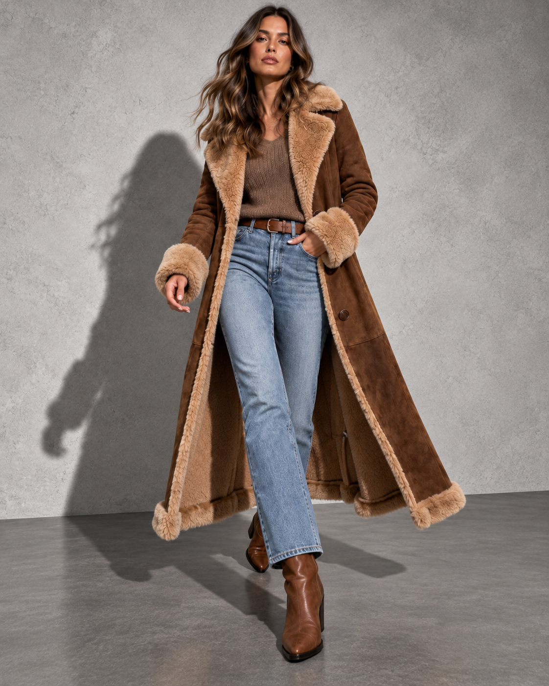 Women's Coat Longline Contrast Shearling Trim