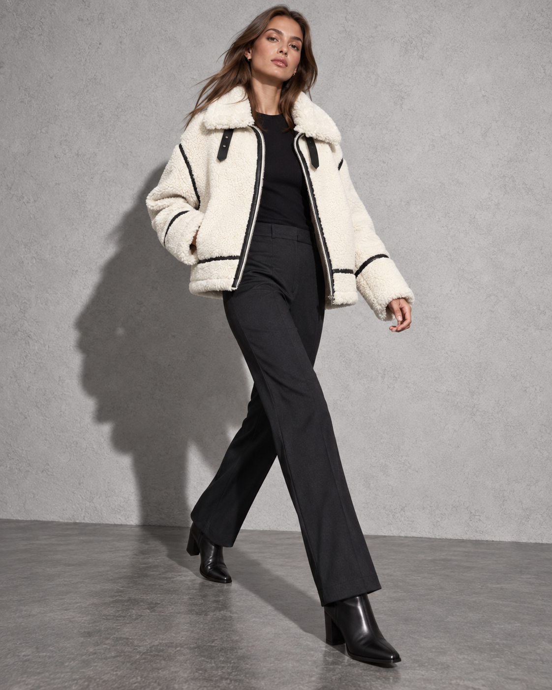 Women's Jacket Sherpa Wide Collar Contrast Trim
