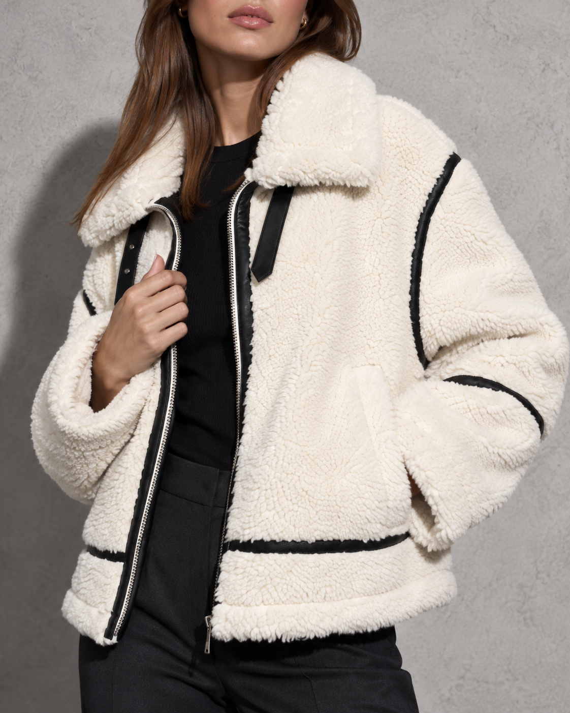 Women's Jacket Sherpa Wide Collar Contrast Trim