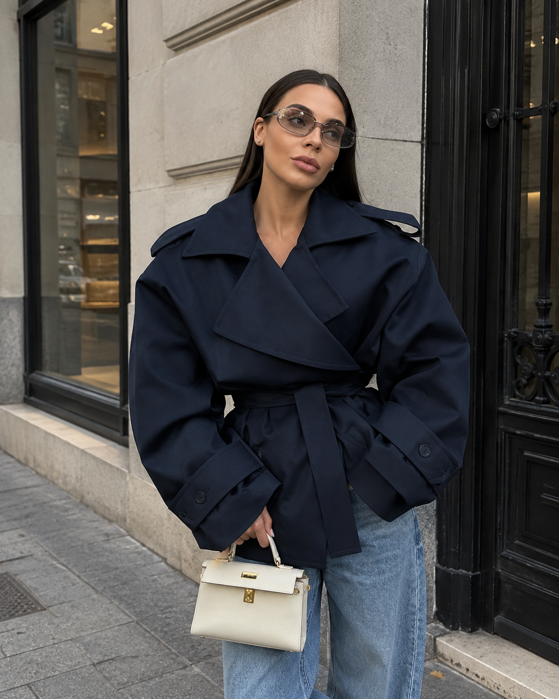 Women's Coat Trench Cropped Belted Double Breasted