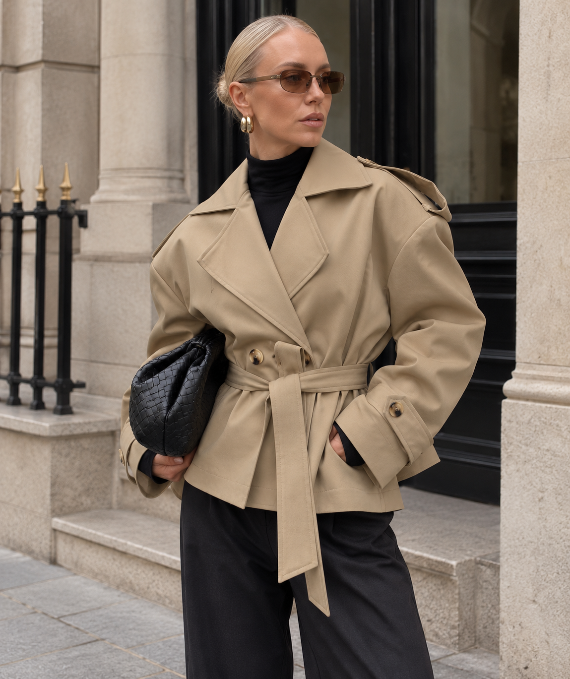 Women's Coat Trench Cropped Belted Double Breasted
