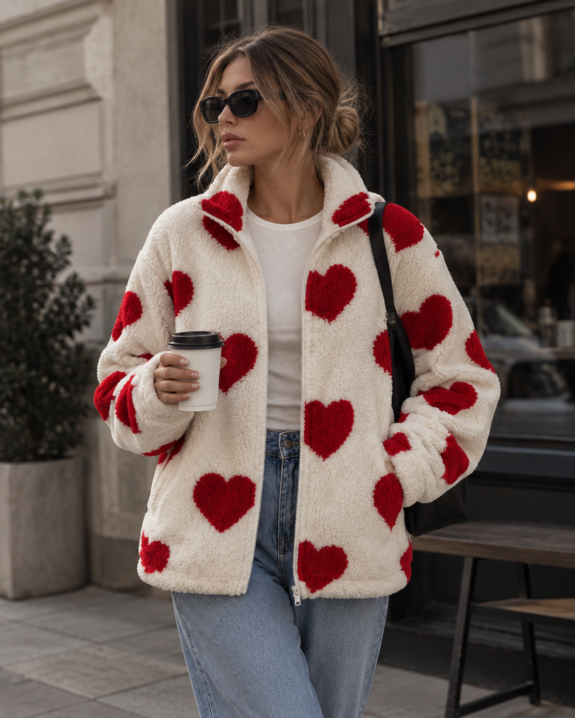 Women's Jacket Teddy Fleece Heart Print Full Zip