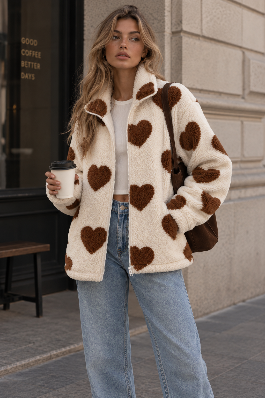 Women's Jacket Teddy Fleece Heart Print Full Zip