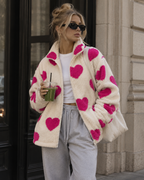Women's Jacket Teddy Fleece Heart Print Full Zip