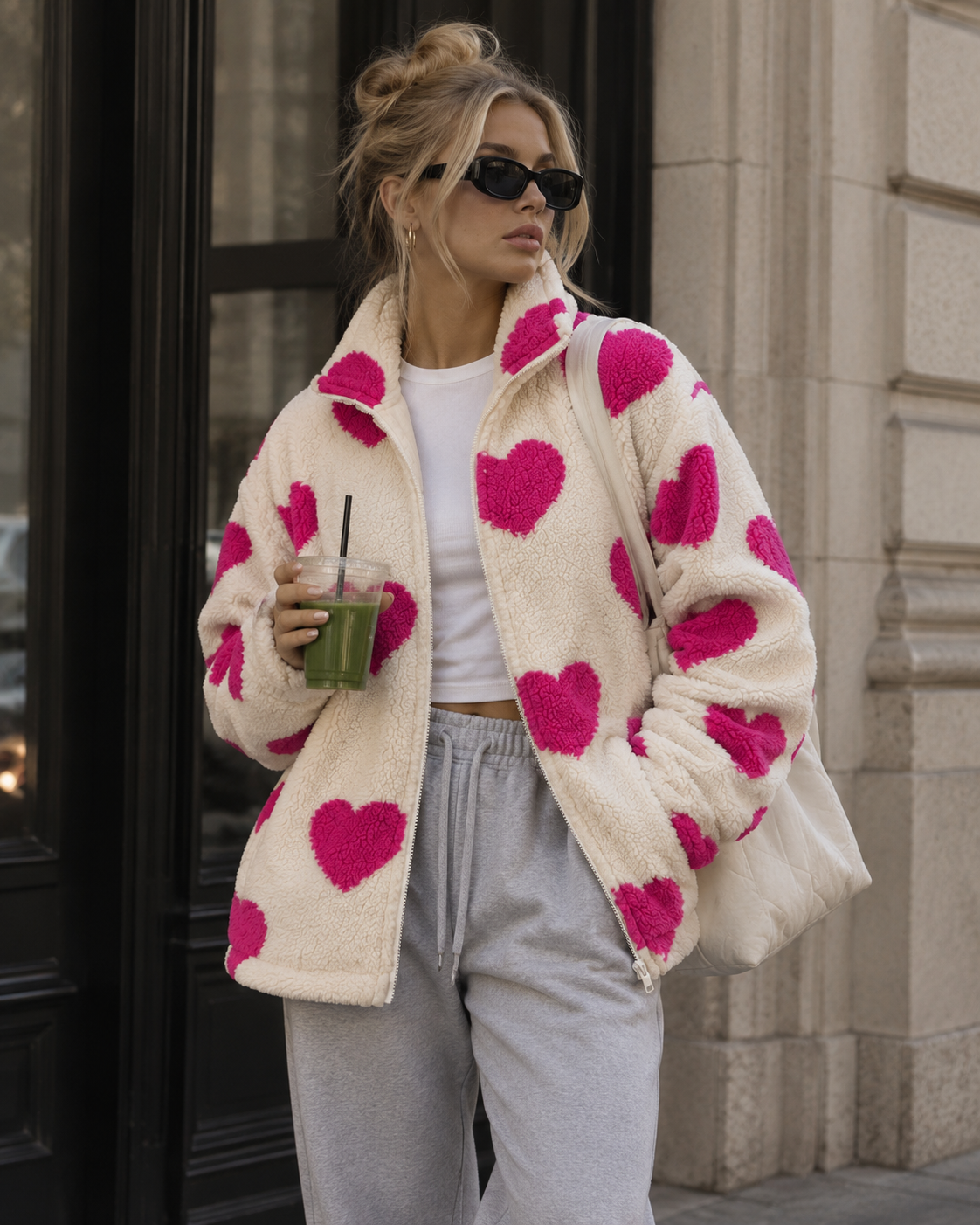 Women's Jacket Teddy Fleece Heart Print Full Zip