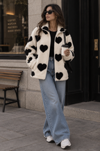 Women's Jacket Teddy Fleece Heart Print Full Zip