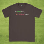 Code Culture def upgrade(self) shirt funny programmer T-Shirt in Dark Chocolate — Code Culture developer clothing