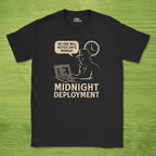 Code Culture midnight deployment shirt funny programmer T-Shirt in Black — Code Culture developer clothing