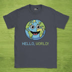 Code Culture hello world earth shirt funny programmer T-Shirt in Dark Heather Grey — Code Culture developer clothing