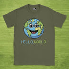 Code Culture hello world earth shirt funny programmer T-Shirt in Military Green — Code Culture developer clothing