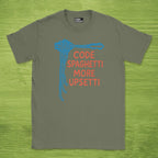 Code Culture code spaghetti more upsetti shirt funny programmer T-Shirt in Military Green — Code Culture developer clothing