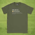 Code Culture one line fix review shirt funny programmer T-Shirt in Military Green — Code Culture developer clothing