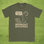 Code Culture midnight deployment shirt funny programmer T-Shirt in Military Green — Code Culture developer clothing