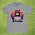Sport Grey programmer shirt printed with "Hooded cat retro" and a cat graphic, a funny developer t-shirt and coding gift for software engineers.