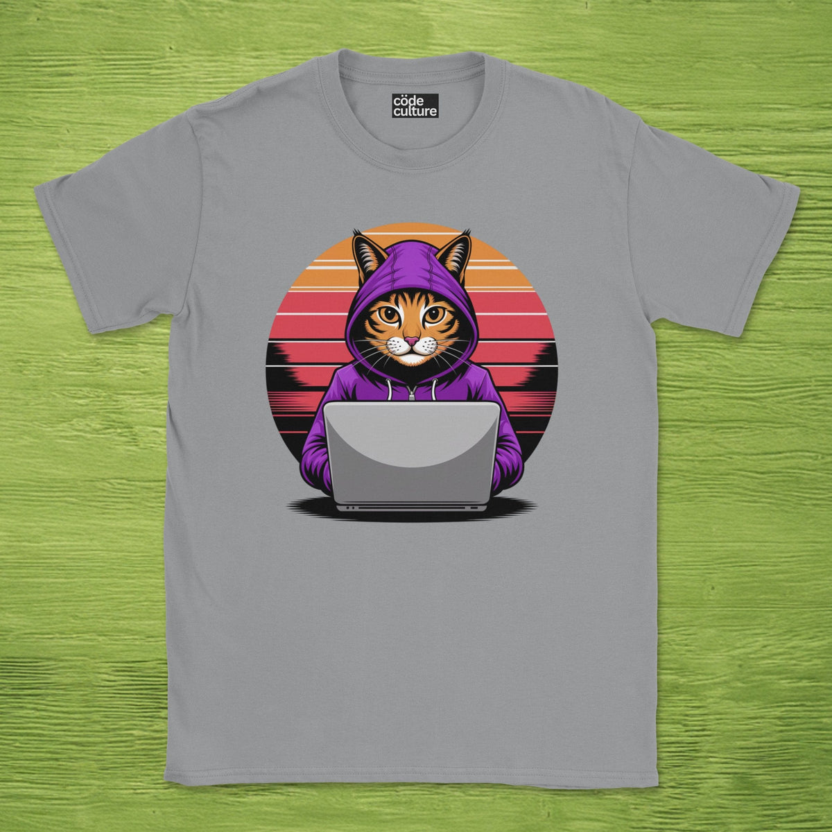 Sport Grey programmer shirt printed with "Hooded cat retro" and a cat graphic, a funny developer t-shirt and coding gift for software engineers.