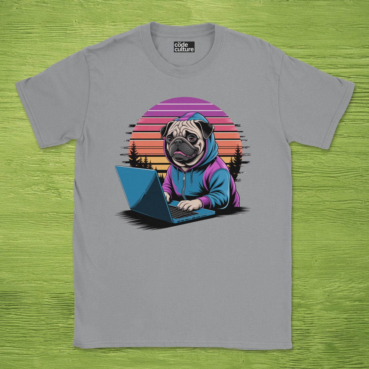Sport Grey programmer shirt printed with "Hooded pug retro", a funny developer t-shirt and coding gift for software engineers and coders.