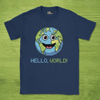 Code Culture hello world earth shirt funny programmer T-Shirt in Navy — Code Culture developer clothing