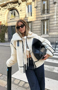 Women's oversized teddy jacket, faux sherpa with zip, black trim, side pockets