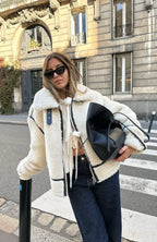 Women's oversized teddy jacket, faux sherpa with zip, black trim, side pockets