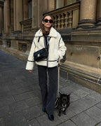 Women's oversized teddy jacket, faux sherpa, zip front, contrast black trim