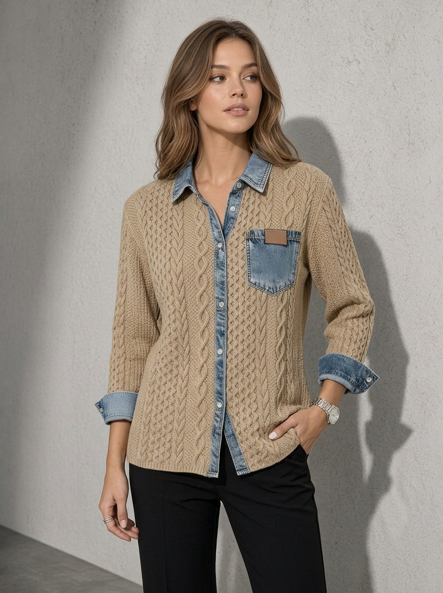 Women's Top Cable Knit Denim Patchwork
