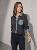 Women's Top Cable Knit Denim Patchwork