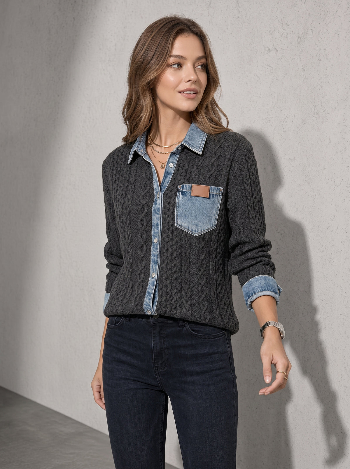 Women's Top Cable Knit Denim Patchwork