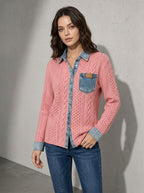 Women's Top Cable Knit Denim Patchwork