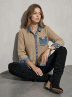 Women's Top Cable Knit Denim Patchwork