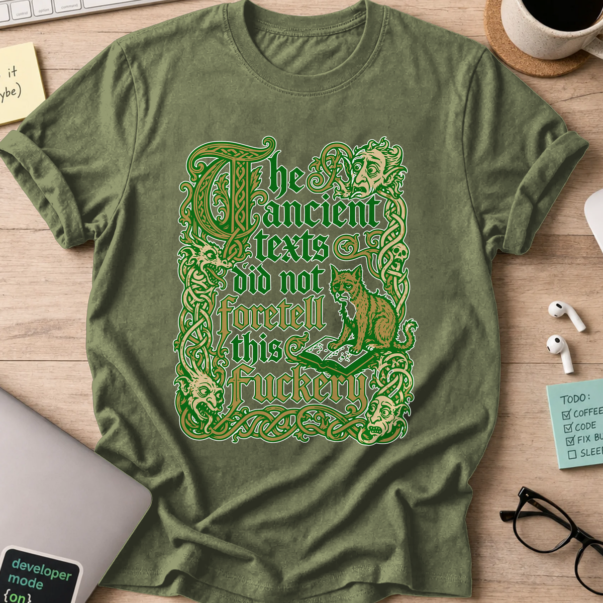 Ancient Texts Nerd Shirt - Military Green mockup