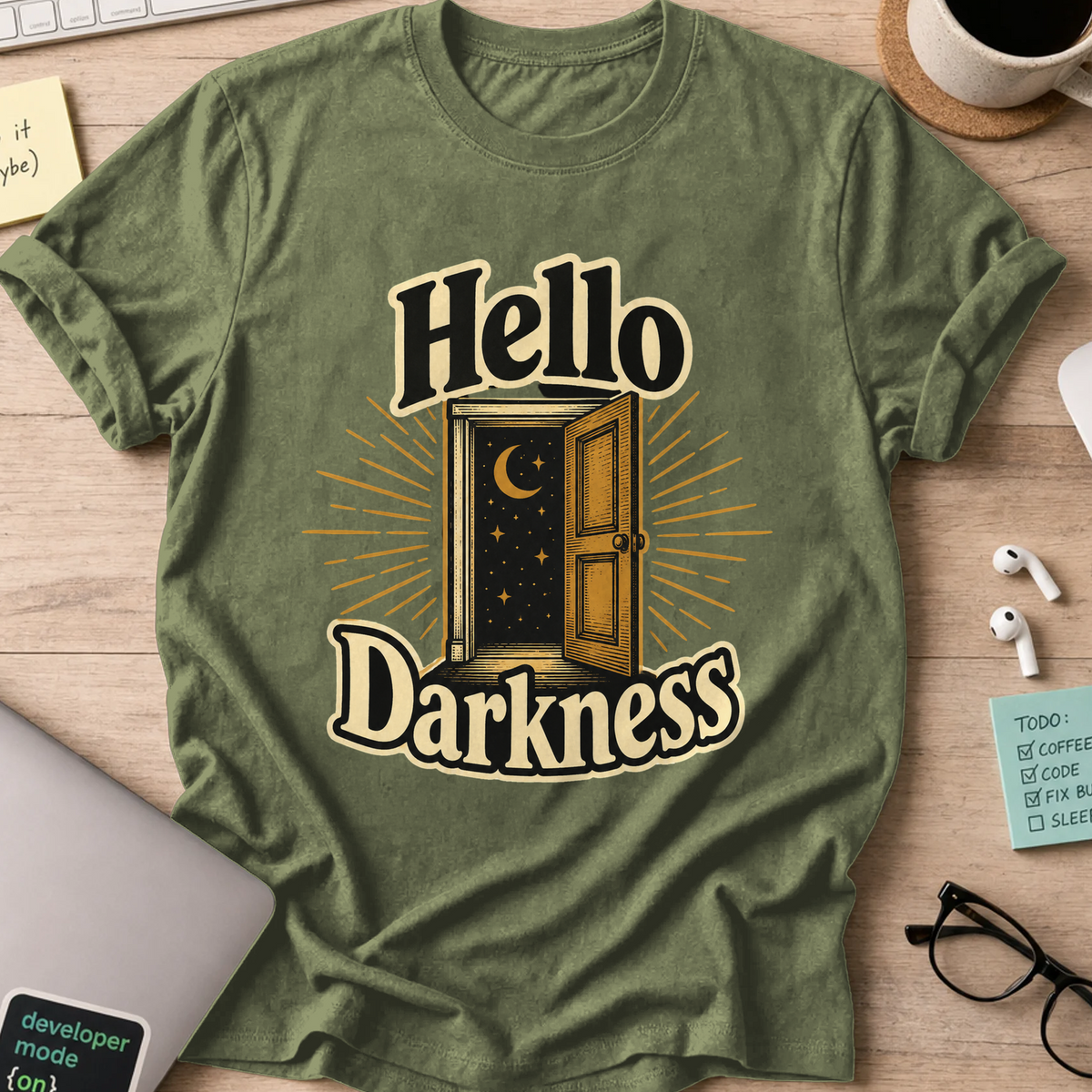 Hello Darkness Nerd Shirt - Military Green mockup