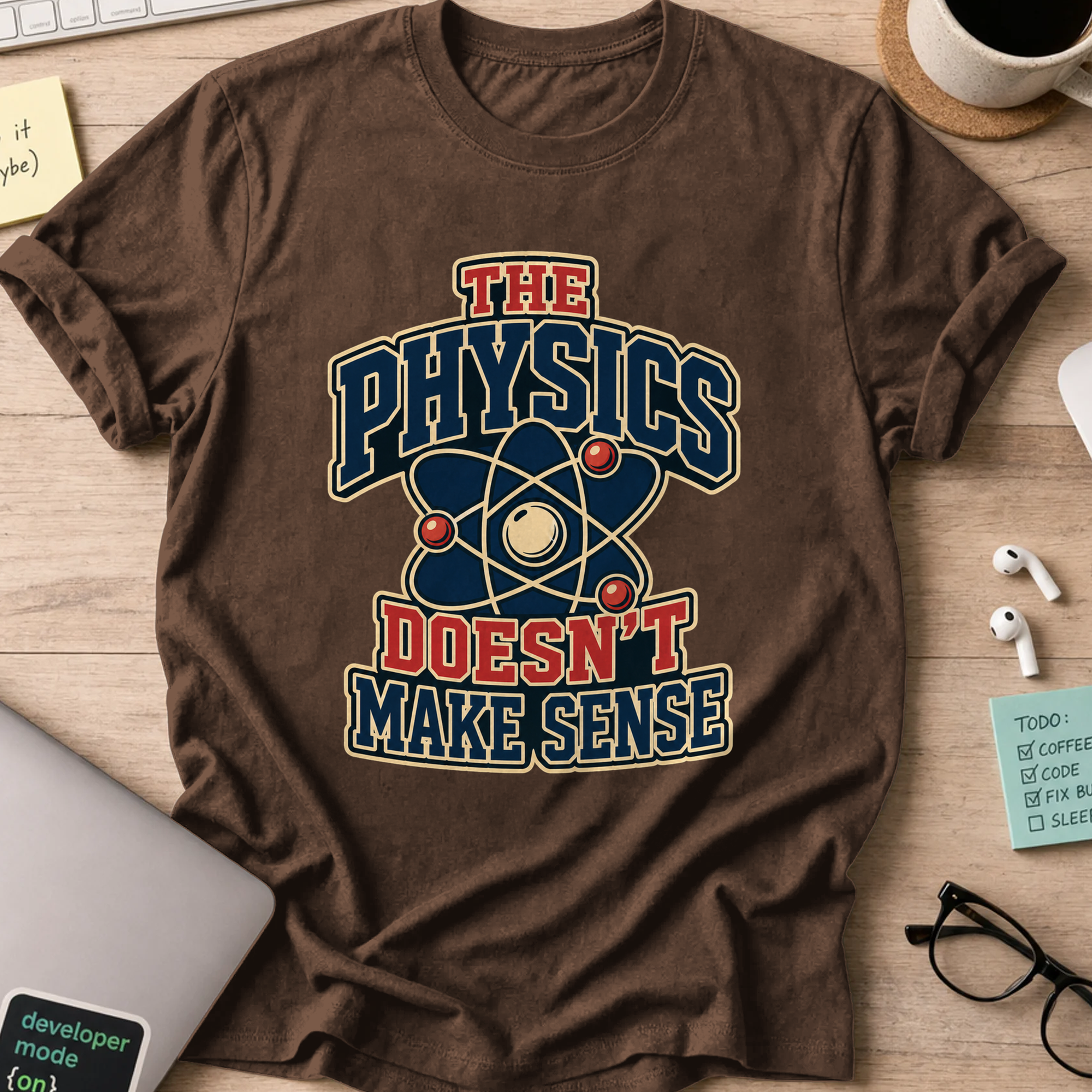 Physics Doesn’t Make Sense Nerd Shirt - Dark Chocolate mockup