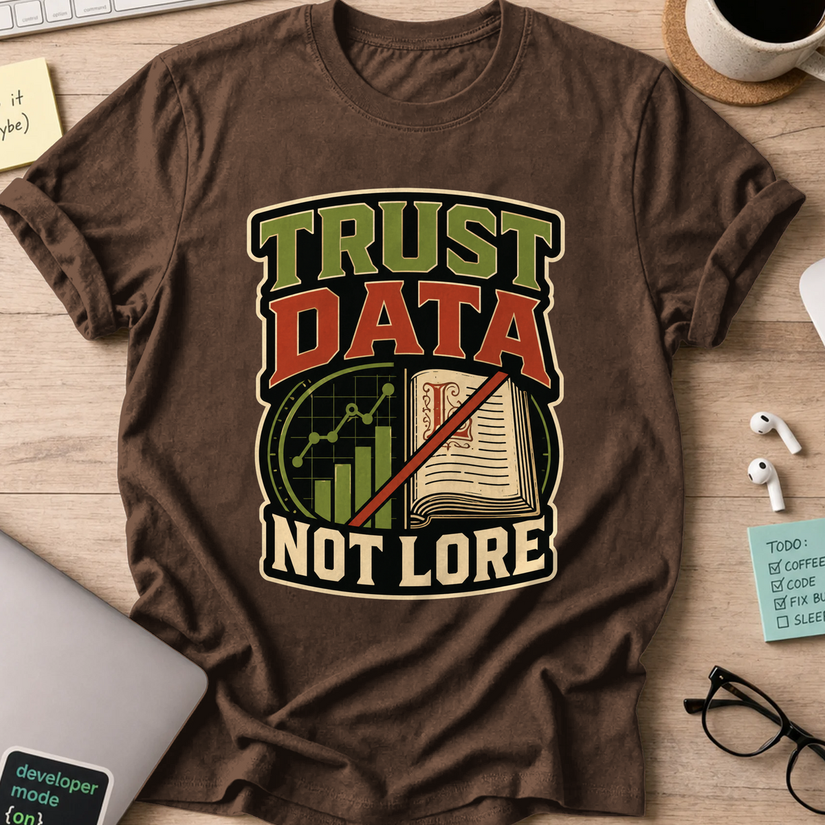 Trust Data, Not Lore Nerd Shirt - Dark Chocolate mockup